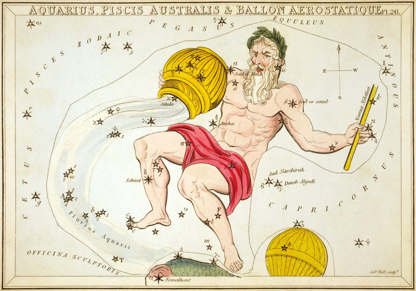 1825 Urania's Mirror card showing Aquarius the water-bearer