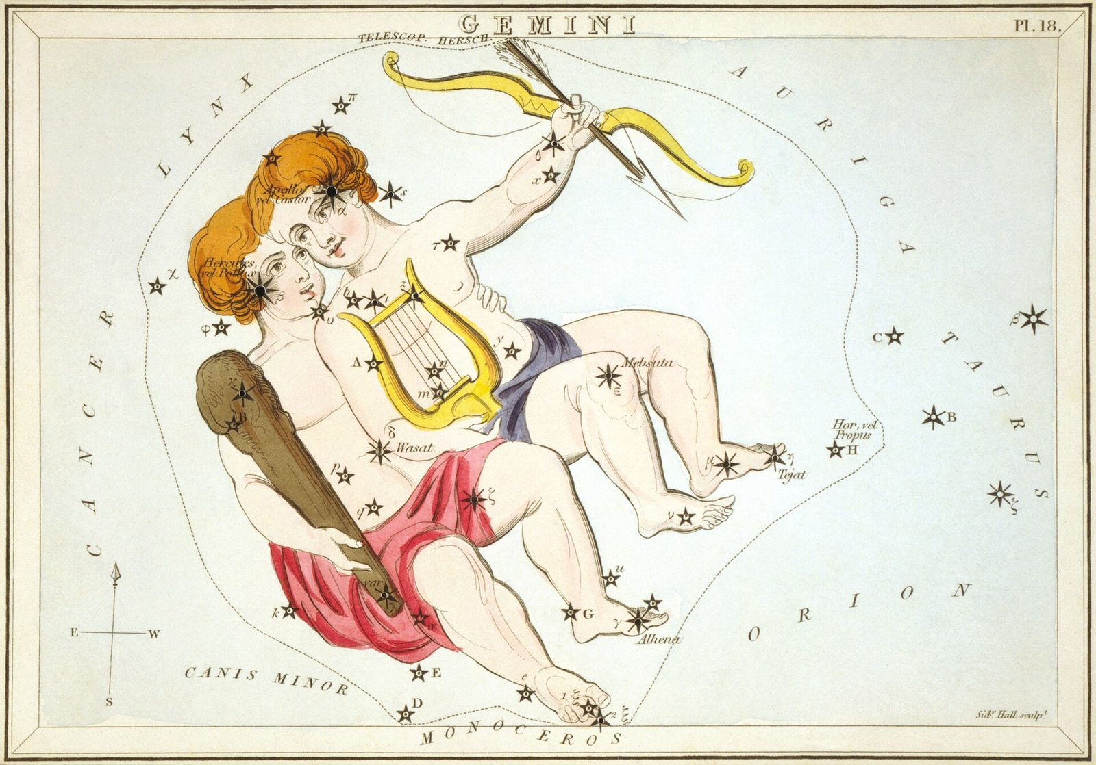 1825 Urania's Mirror card showing Gemini the twins